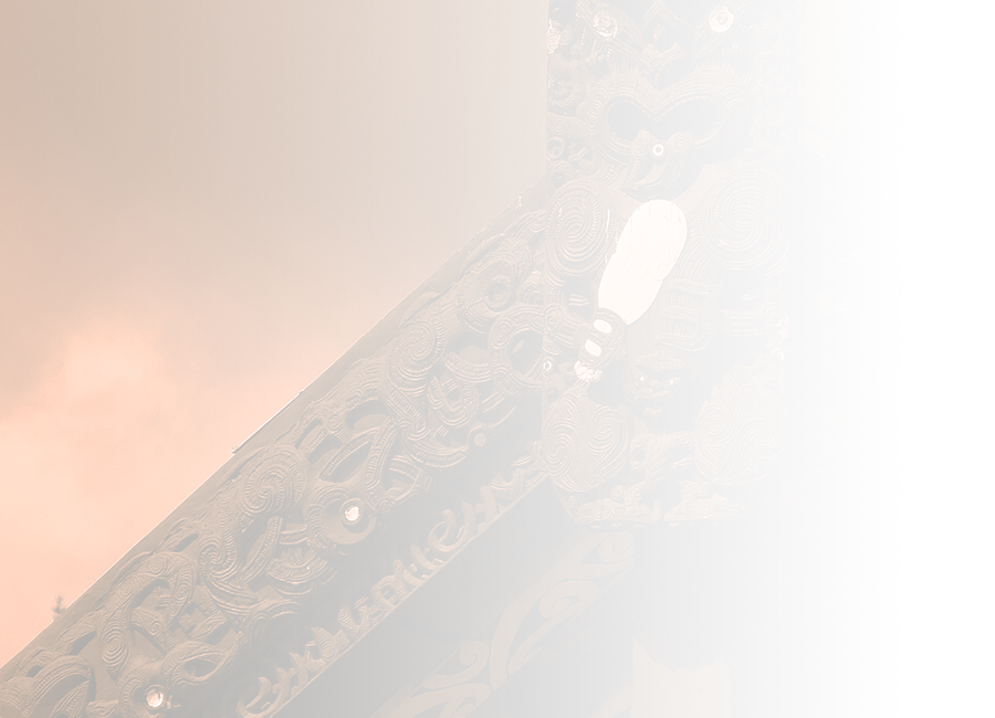 A cropped photograph of the top of a wharenui shows a tekoteko (carved figure), with the carved maihi (bargeboards) coming down from either side. 