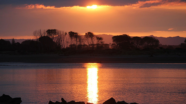A photograph of the sunset reflecting on still water, framed by a silhouette of bush between the water and the sunlit sky. 