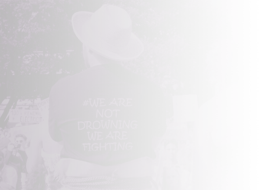 Someone stands facing the 2019 Climate Strike. The text on their shirt reads "#We are not drowning, we are fighting"