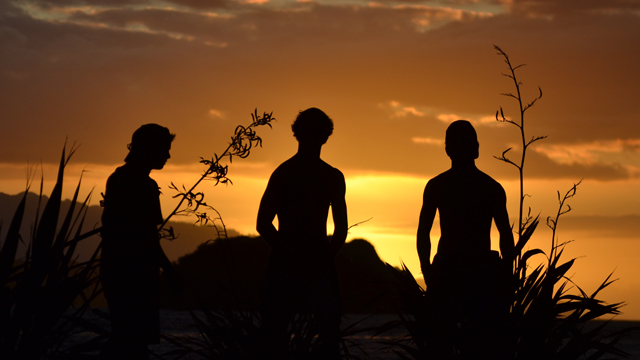 Three figures and some harakeke silhouetted against a sunset