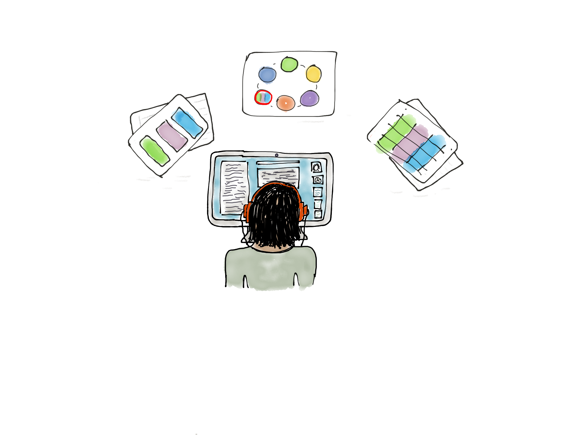 A drawing of a  teacher sitting on their computer with images of the UDL guidelines in thought bubbles above their head